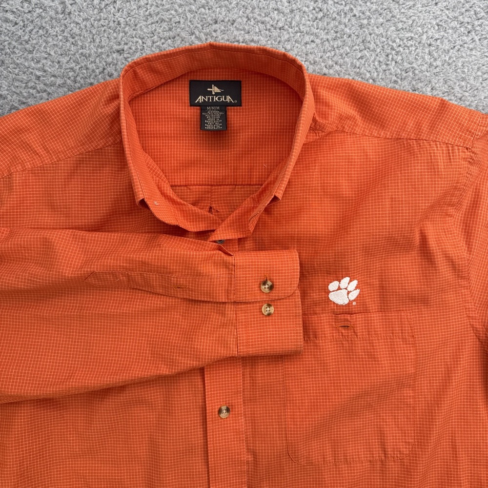 CLEMSON TIGERS Button Down Shirt Mens Medium L/S Orange Windowpane Embroidered